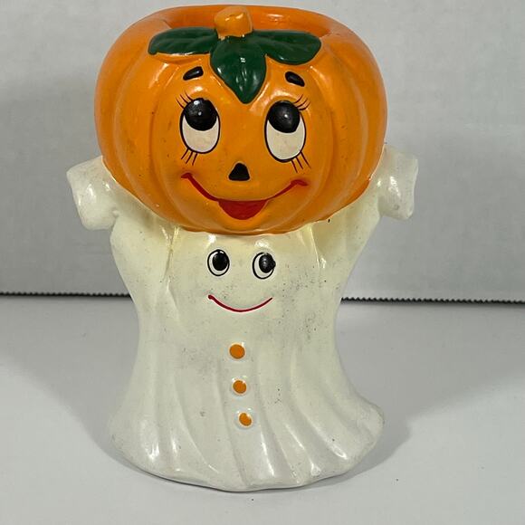 Vtg 1986 Lefton Halloween Jack-O-Lantern & Ghost Candle Holder Anthropomorphic - Picture 1 of 8